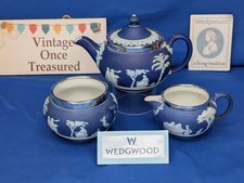Wedgwood Cobalt Blue Jasperware * Silver Rimmed 3 Piece TEA SET * Antique c1900s
