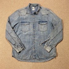 H&M Denim Shirt Mens Medium Washed Blue Pearl Snap Western Popper