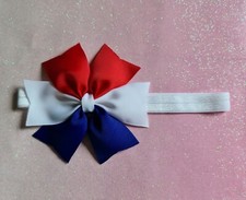 Handmade Girls Baby/Toddler Elastic Stretchy Red White Blue Ribbon Bow Headband