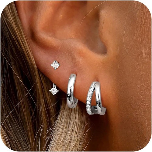 3pcs sterling silver stud hoop - silver,