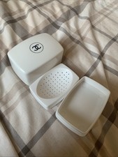 Chanel Soap Dish with Drainer and Lid Black Logo On White Plastic Used But Good