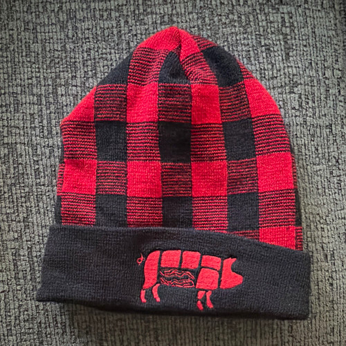 Red black plaid - black, beanie