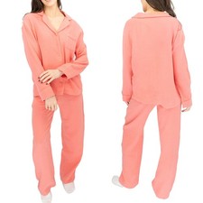 Womens M&S Pyjamas Set Coral Dobby Textured Pure Cotton Long Sleeve Supersoft