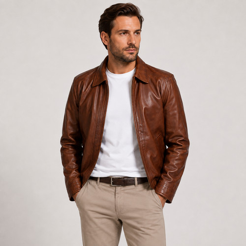 Men brown leather jacket - leather,