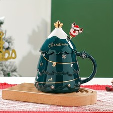 New Creative Christmas Tree Shape Coffee Mug with Lid Spoon Ceramic Coffee Cup