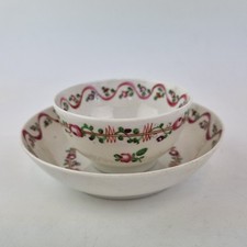 Antique 19thC New Hall Tea Bowl And Saucer Famille Rose Flowers