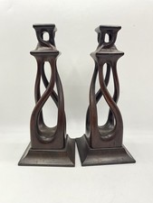 Pair Treen Arts And Crafts Oak Open Barley Twist Candlesticks (Z4)