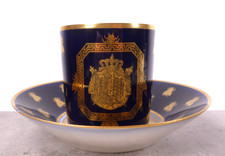 19TH C M IMP SEVRES NAPOLEON ITALIAN CREST GOLD BEES COBALT GLAZE CUP SAUCER SET
