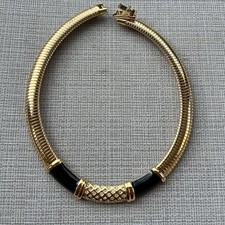 Vintage 1980s Signed Monet Black Enamel & Clear Rhinestone Collar Necklace