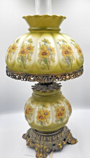 Antique Victorian Hand Painted Floral Glass Brass Hurricane Electric Lamp  