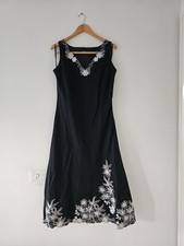 M&S beautiful black linen blend, floral embroidery midi dress size 16