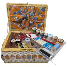 Sewing Box Wicker With Contents Pins Tape Tools  Ribbon Cotton Reels 