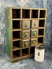 Vintage Indian Wooden Miniature Chest with Drawers & Pigeon Holes, Green & Gold