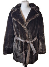 Vintage Tissavel France Dark Brown Faux Fur Coat Size M Belted, Good Condition