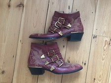 Chloe Susanna  leather ankle gold  western buckle boots burgundy wine 37 UK 4