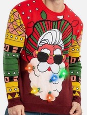 Light Up Ugly Sweater Christmas Santa Claus Built-in Light Bulbs Size Large