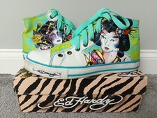 WOMENS VINTAGE RARE ED HARDY GEISHA BRIGHT BOLD HIGH TOP TRAINERS CONVERSE SHOES