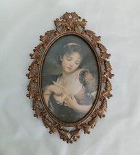Vintage oval gold brass Victorian Rococo Style hanging photo frame with print