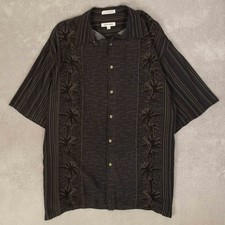 Vintage Palm Tree Print Bowling Shirt L Men's Charcoal Grey Patterned