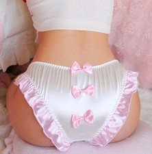 Luxury Girly White Pink Frilly Bows Sissy Satin Panties CD TV Knickers L 12-14 