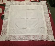 Vintage embroidered tablecloth white lace border 44" square Linen cotton 