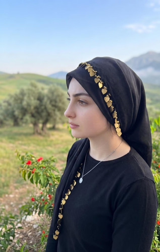Black cotton scarf - gold, heart