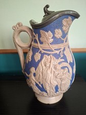 Rare Antique Victorian Salt Glazed Large Pitcher Jug with Pewter Lid