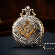 Masonic Square & Compasses Silver-Tone Quartz Pocket Watch & Chain
