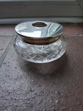 SILVER LIDDED CUT GLASS DECO HAIR RECEIVER . GREAT COTTON WOOL DISPENSER 