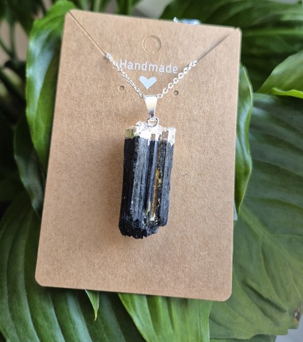 Raw black tourmaline pendant - black,