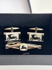 Vintage Car Cufflinks And Tie Grip Set - Gold Colour Mens Gift -Used In Gift Box