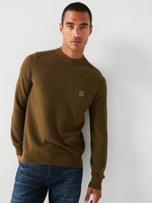 Hugo Boss Jumper Anion Mens Cashmere Crew Neck Logo Branded Sweater in Khaki