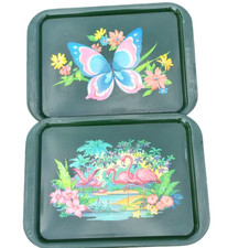 Retro pink Flamingo Butterfly 1950s metal TV trays Serving set MCM
