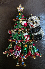 BUTLER & WILSON BROOCH ENAMEL CRYSTAL GOLD TONE CHRISTMAS TREE PANDA STAMPED