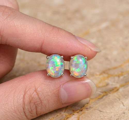 Opal earring stud 8x6mm - earring,