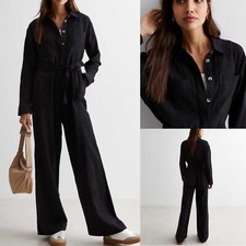 Brand New Womans New Look Black Belted Wide Leg Cotton Utility Jumpsuit £36 8-18