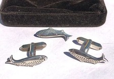 Scottish Ola Gorie 925 Sterling Silver Boxed Salmon Fish Cufflinks & Tie Pin