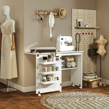 Sewing Machine Table Rolling Drop Leaf Craft Tabletop Computer Storage Bin Shelf