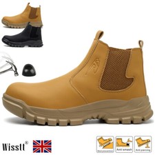 MENS LEATHER CHELSEA SAFETY BOOTS SLIP ON STEEL TOE CAP WORK SHOES WATERPROOF UK