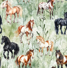 Meadow Horses! Woodland Patchwork Fabric Metres/Fat/Long/Quarters - 100% Cotton