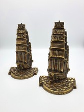Wonderful Pair of Vintage Brass Tall Ship Bookends – Nautical Decor circa 1930