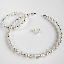 Pearl Crystal Silver Prom Jewellery Set Necklace Earrings Bracelet Wedding Sets