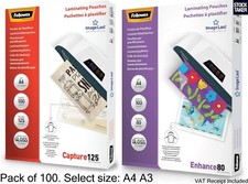100 Pouches Fellowes A4 A3 Laminating Glossy Enhance 80 Capture 125 Preserve 250