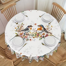 Spring Floral & Bird Design Tablecloth - Stain Resistant Round 70inch  (62)
