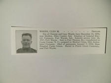 Cleo Woods Sheldon Indiana 28th Ambulance Company 1921 WW1 Hero Panel