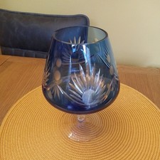 Vintage Blue Extra Large Brandy Glass with A Lovely Etched Pattern 20CM Tall VGC