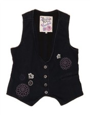 VINTAGE Womens Denim Waistcoat UK 6 XS Navy Blue Floral Cotton FR09