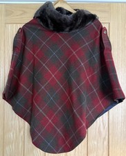 Joules Women’s Hazelwood Red Check Tweed Cape With Faux Fur Trim