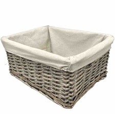Oblong White Washed Natural Willow Storage Basket With Cotton Liner