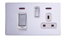 Cooker Switch Socket Chrome 45A With Switched 13A White  Inserts Neon Screwless